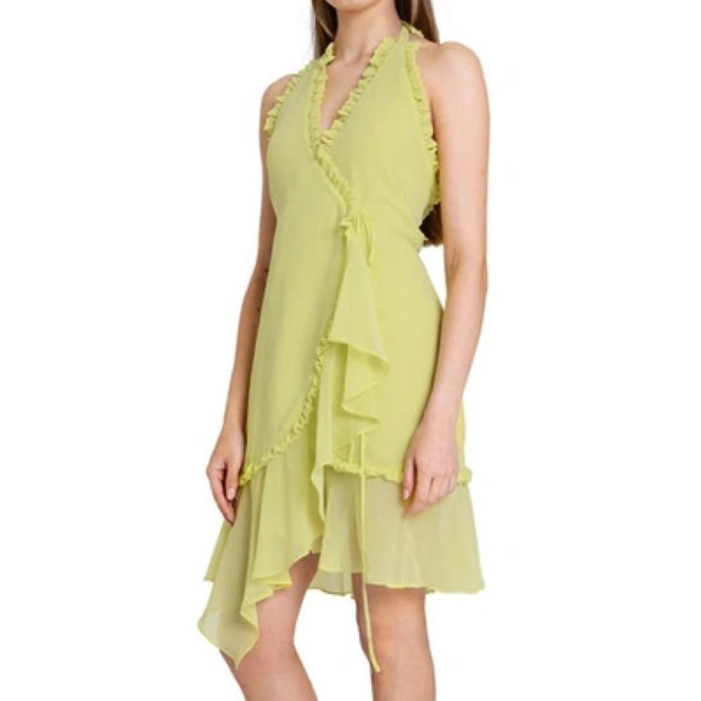 Wayf Lime Green Ruffle Wrap Mini Dress